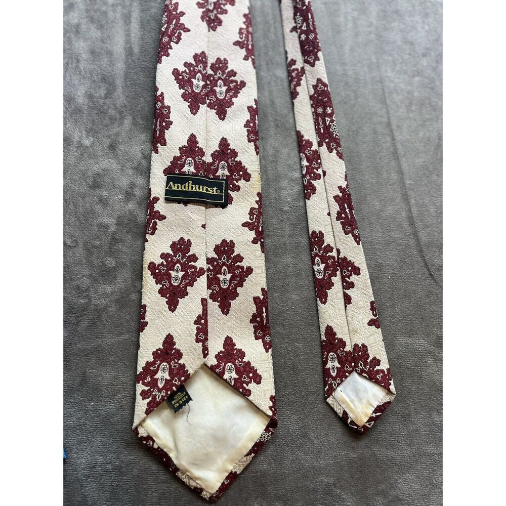 Andhurst‎ Men's Necktie Tie Polyester Vintage Wide Leaf Cream Burgundy 1970's